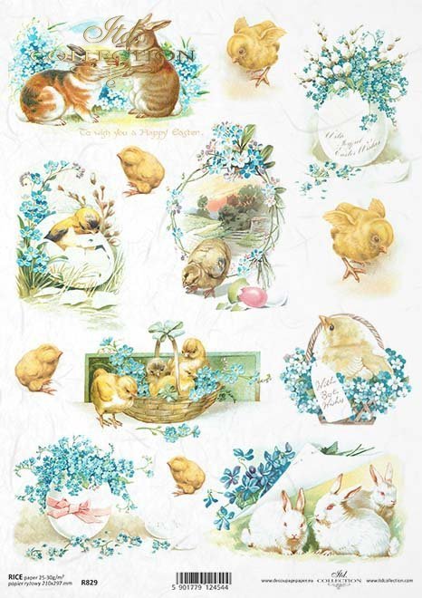 Easter Greetings Bunnies Decoupage Rice Paper