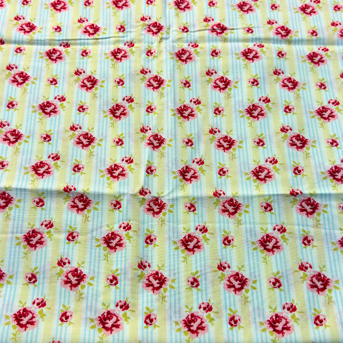 Cotton Fabric Vintage Design Roses with Blue Pin stripe