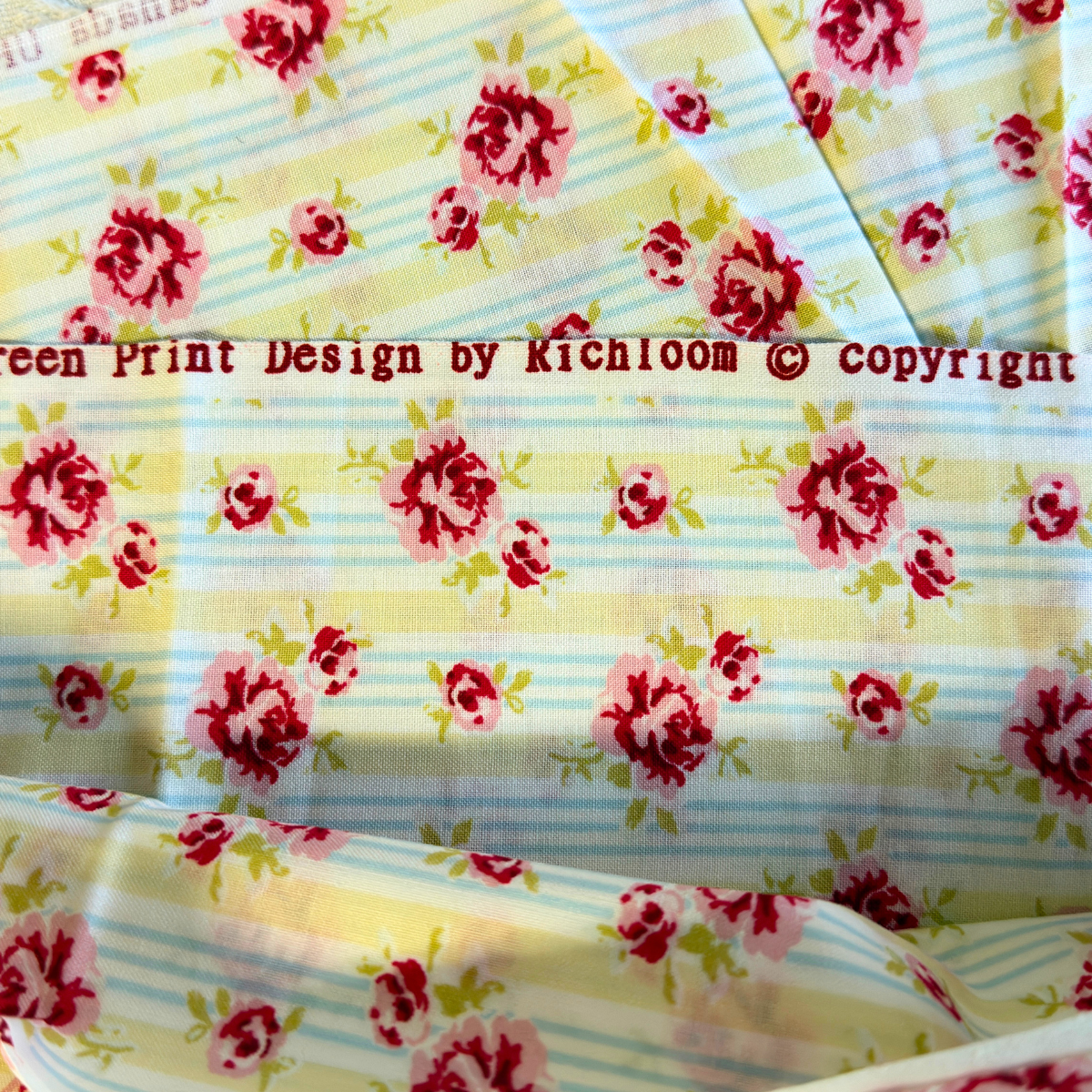 Cotton Fabric Vintage Design Roses with Blue Pin stripe