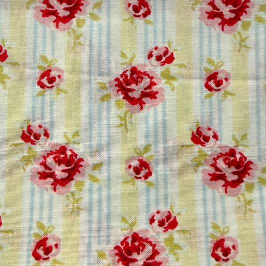 Cotton Fabric Vintage Design Roses with Blue Pin stripe
