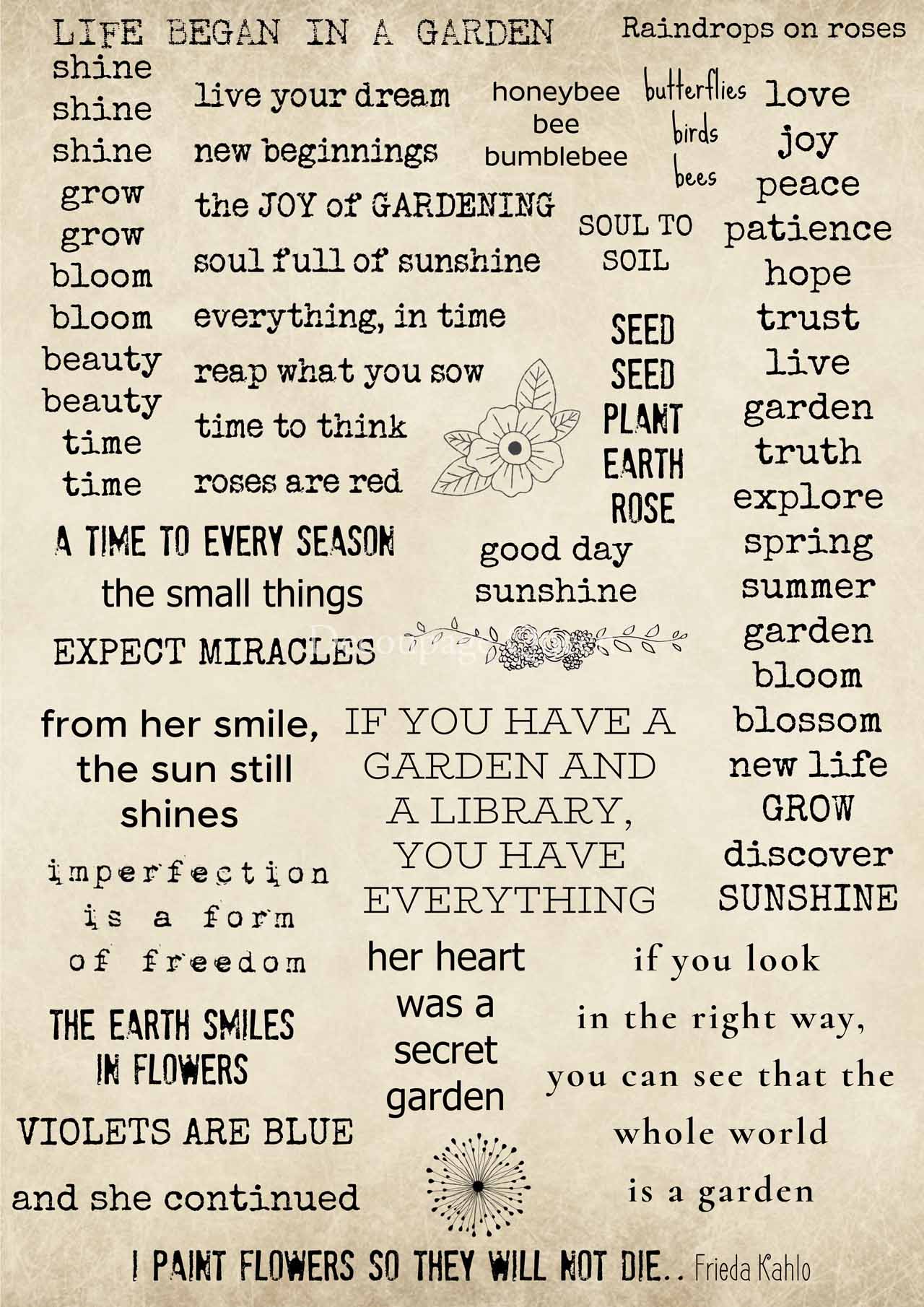 Garden Words Decoupage Rice Paper