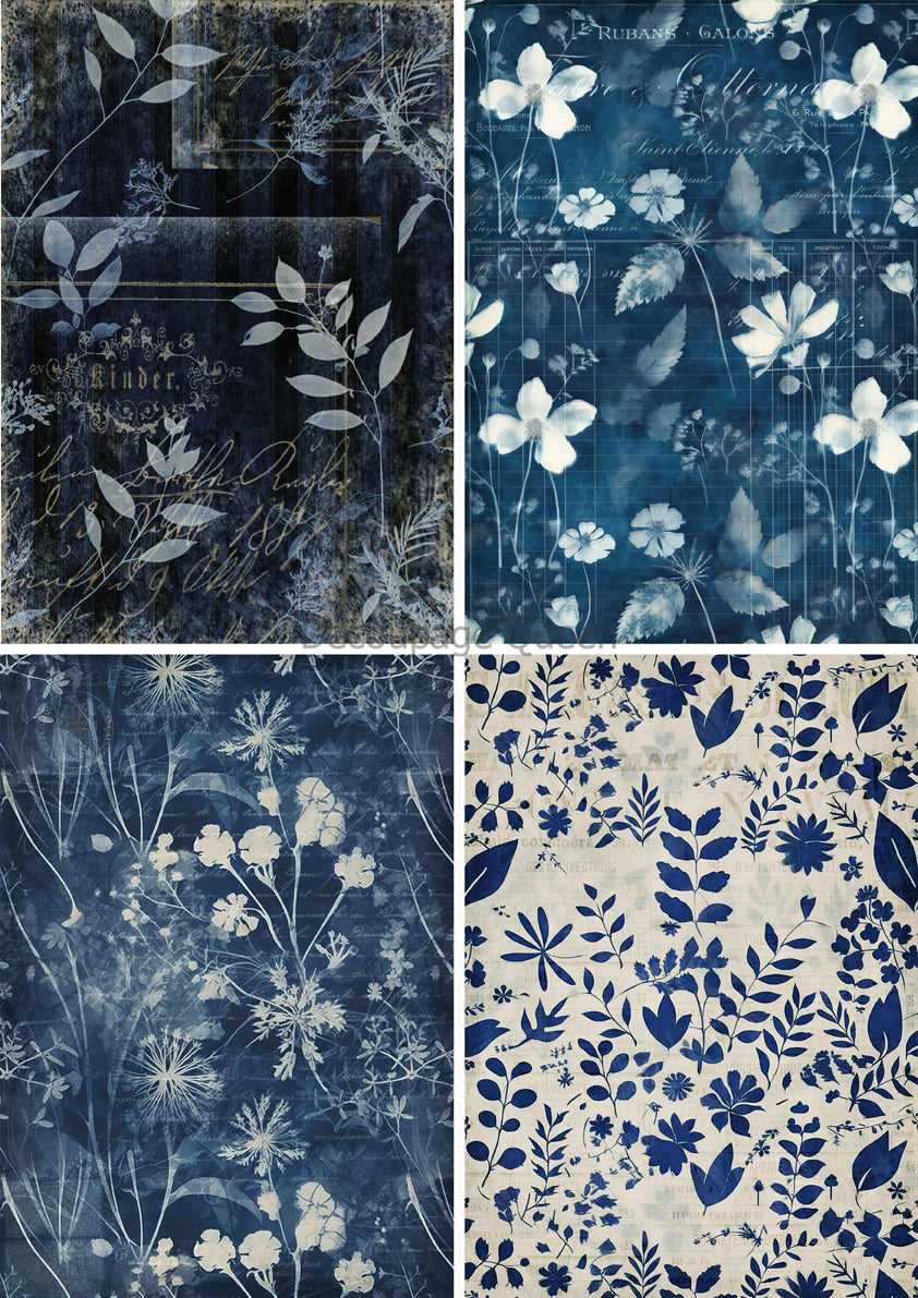 Indigo Botanical 4 Pack Decoupage Rice Paper