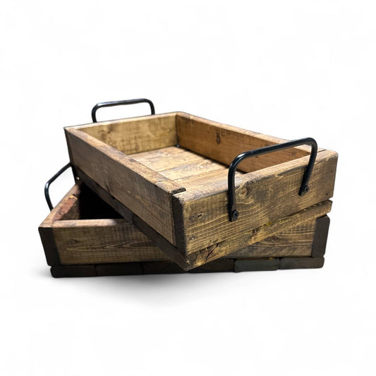 Handcrafted Pine Wood Tray with Steel Handles