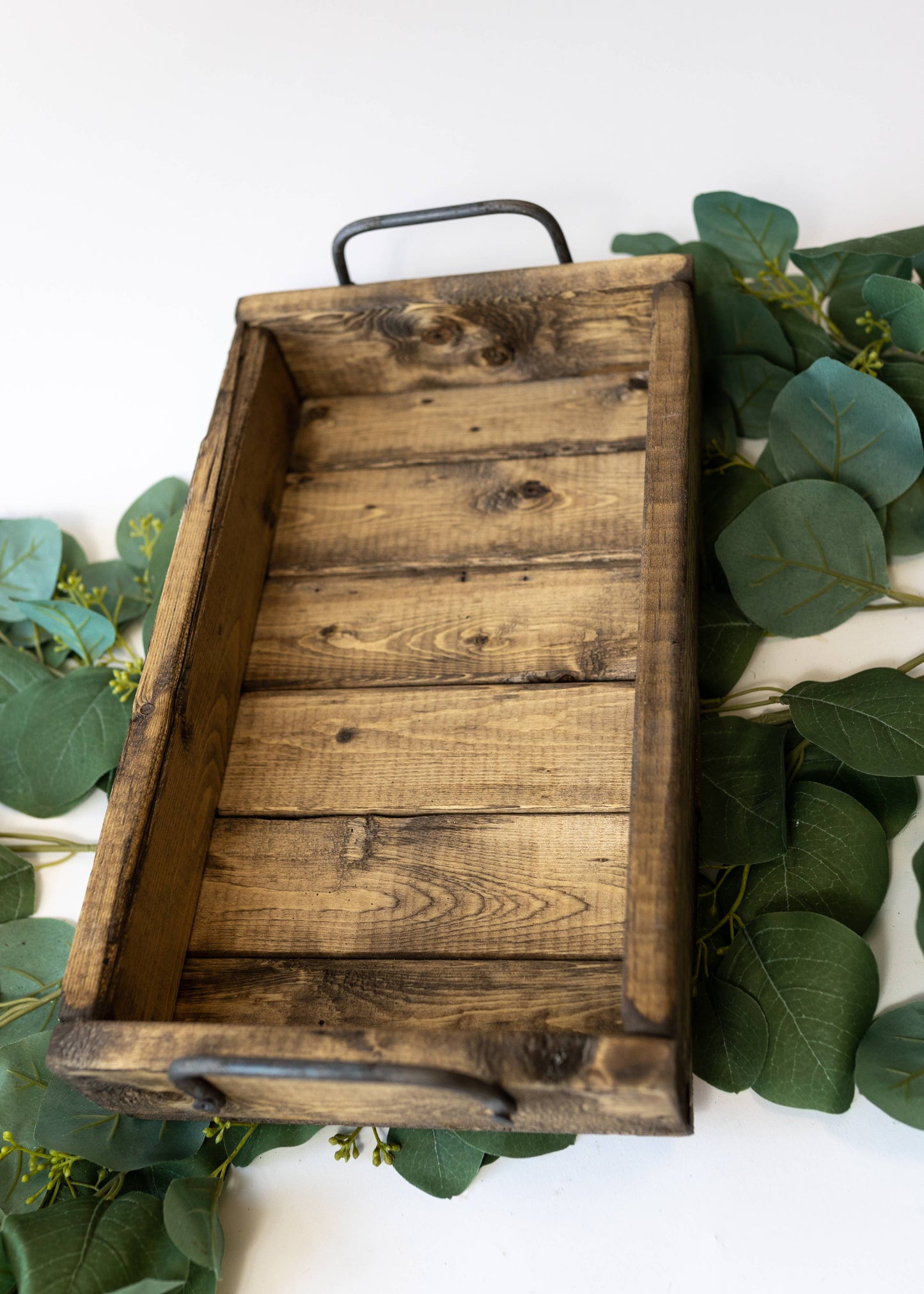 Handcrafted Pine Wood Tray with Steel Handles