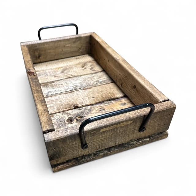 Handcrafted Pine Wood Tray with Steel Handles
