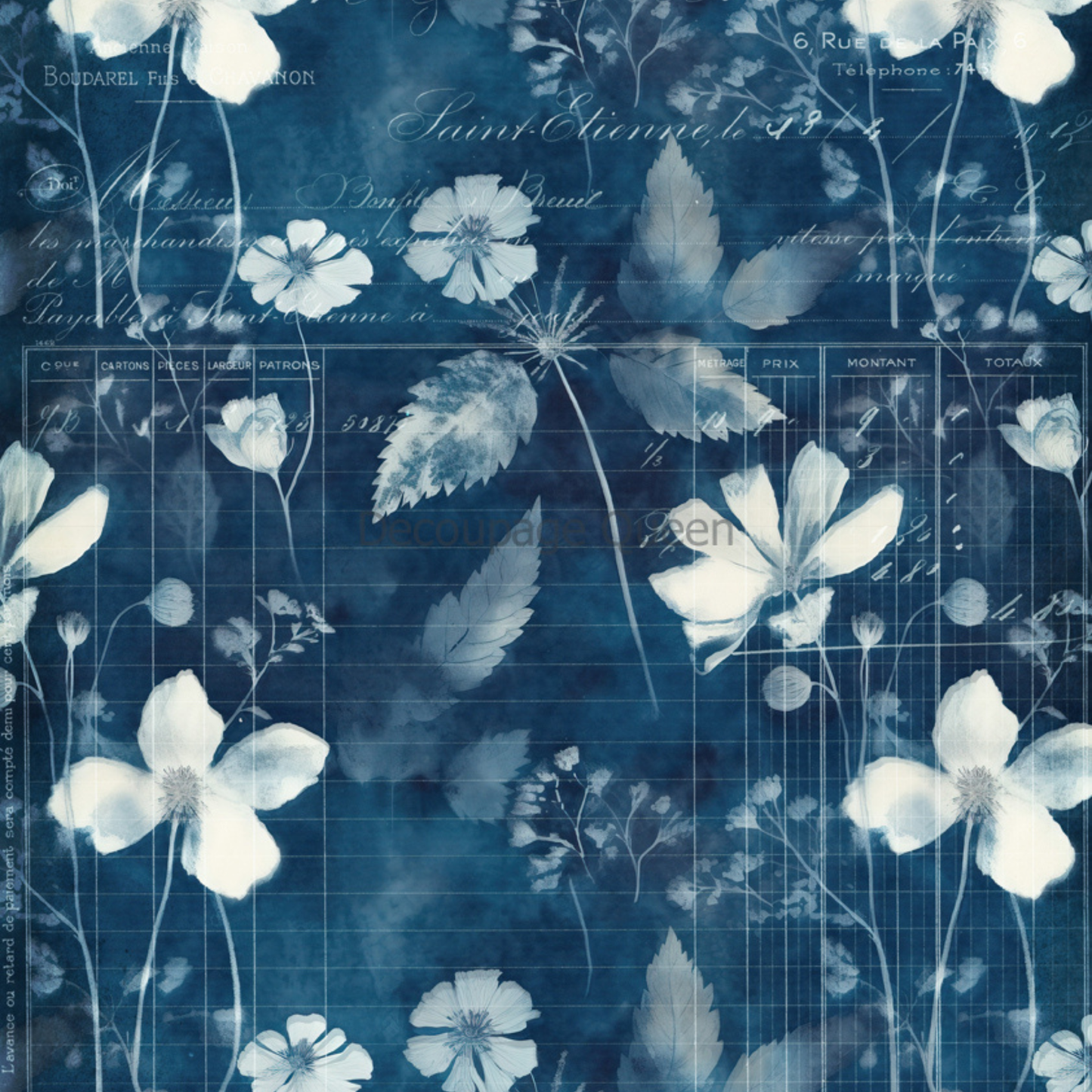 Indigo Botanical Decoupage Rice Paper