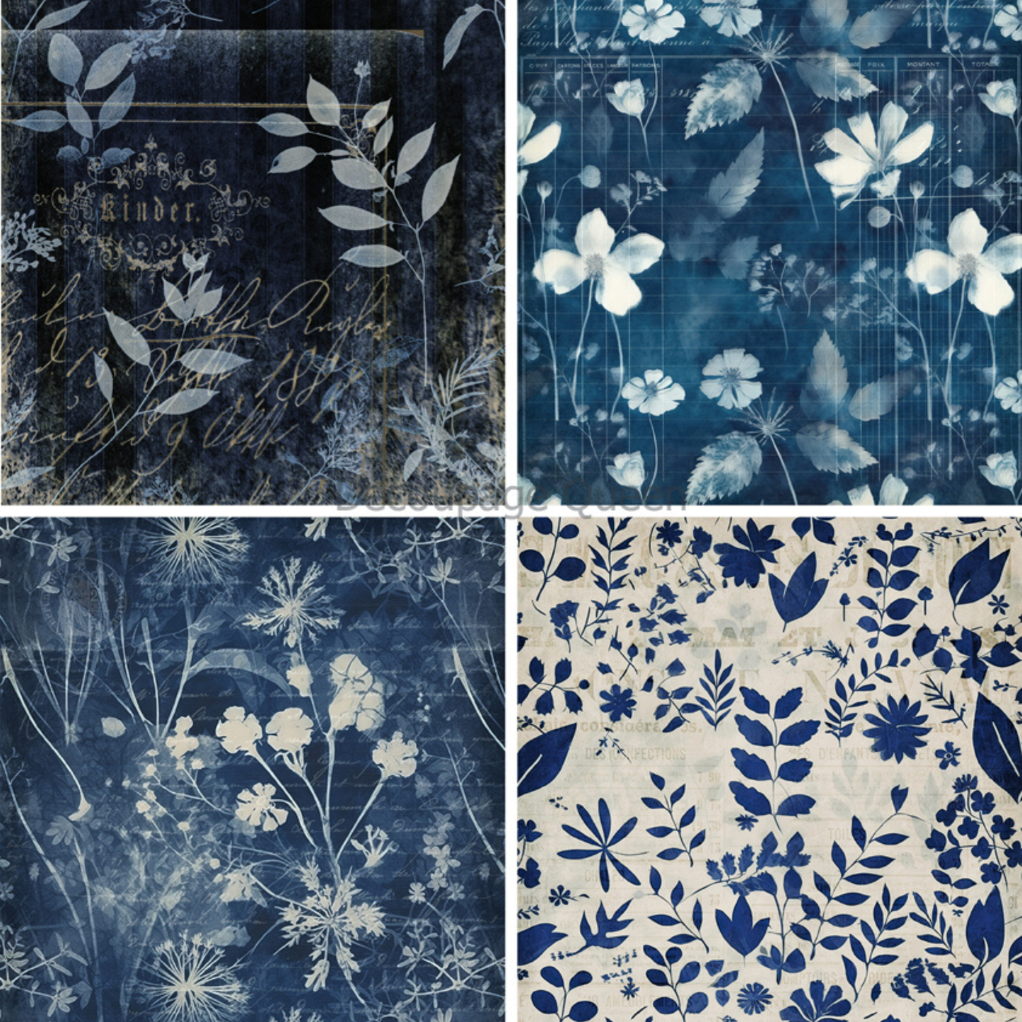 Indigo Botanical 4 Pack Decoupage Rice Paper